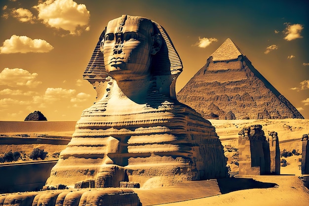 Foto esfinges de piedra viejas majestuosas al lado de las pirámides egipcias