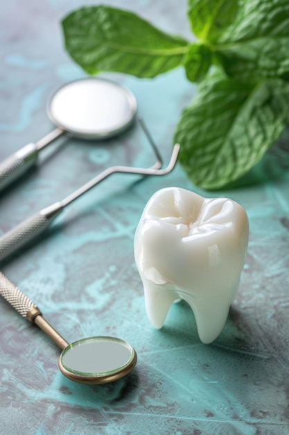 Foto esfregaço de dentes espelho de ampliação na mesa útil para anúncios de cuidados dentários