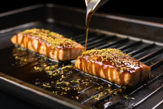 Esfregar o vidro brilhante de teriyaki em bifes de tofu