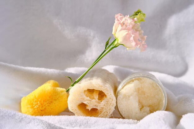Foto esfregar toalha de lavagem e esponja de mar orgânica na toalha