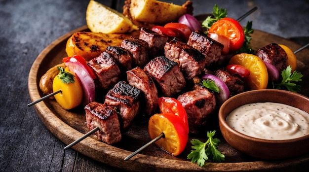 Esfregões de carne e vegetais grelhados num prato de madeira
