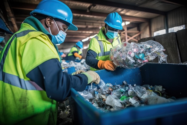 los esfuerzos de reciclaje de la planta de reciclaje de plástico mientras los trabajadores clasifican y procesan los desechos plásticos de la ciudad