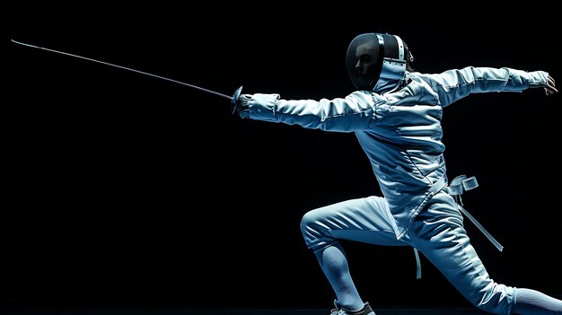 Esgrimista de uniforme branco com máscara e luva segurando uma espada pronta para atacar seu oponente durante uma partida de esgrima