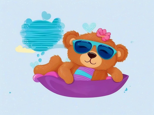Foto eslogan de amor con una muñeca de oso relajada con gafas de sol