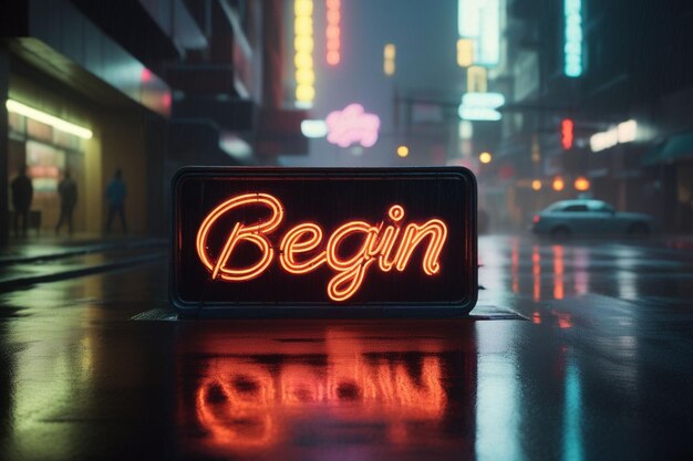 Foto el eslogan comienza con el efecto de texto del letrero de luz de neón en una composición horizontal de la calle en una noche lluviosa