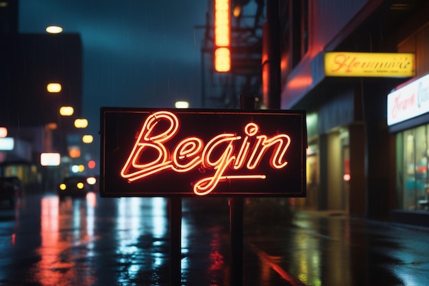 Foto el eslogan comienza con el efecto de texto del letrero de luz de neón en una composición horizontal de la calle en una noche lluviosa