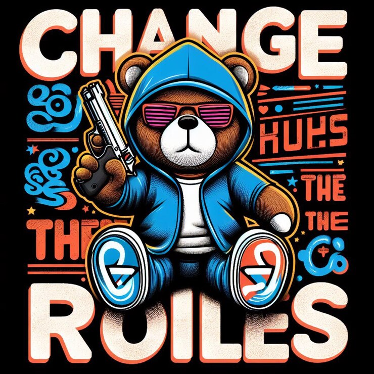 El eslogan de la tipografía urbana cambia las reglas y el muñeco oso con efecto de pulverización graffiti de arte callejero groovy1
