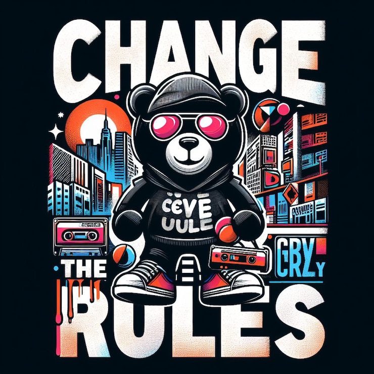 El eslogan de la tipografía urbana cambia las reglas y el muñeco oso con efecto de pulverización graffiti de arte callejero groovy1