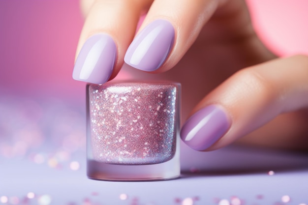 Esmalte de unhas brilhante ou brilhante contra um fundo pastel claro com uma sensação de glamour e luxo