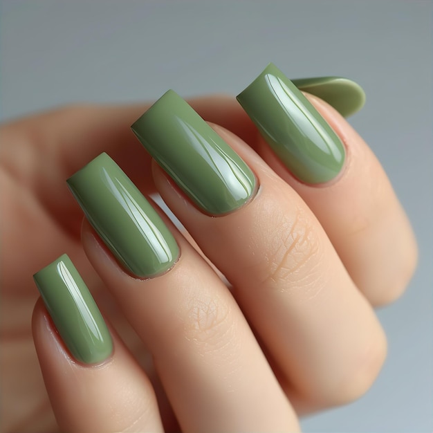 Foto esmalte de uñas verde en las uñas bien cuidadosas