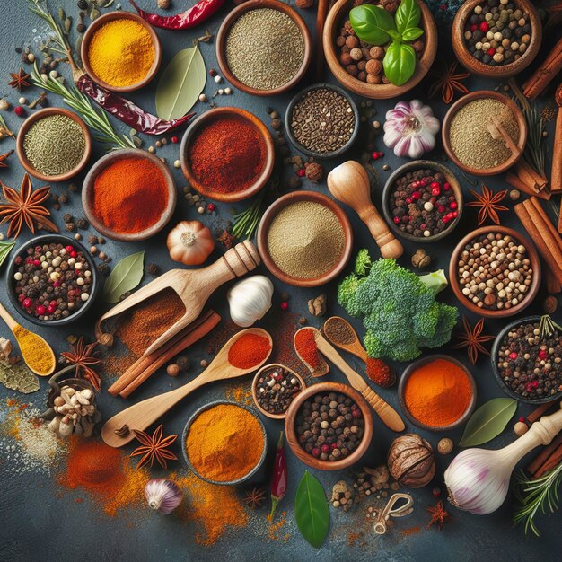 Esmeraldas, ervas e vários outros ingredientes culinários
