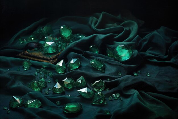 Foto esmeraldas esparcidas sobre una superficie de terciopelo oscuro creada con ai generativo
