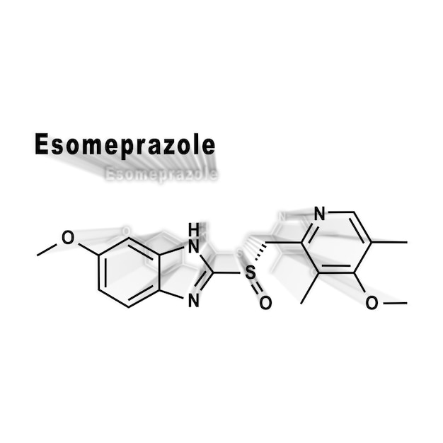 Esomeprazol, reduce el ácido del estómago fórmula química estructural sobre un fondo blanco.