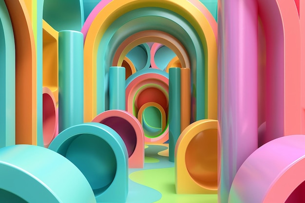 Espacio abstracto y futurista lleno de arcos y cilindros en una vibrante habitación minimalista