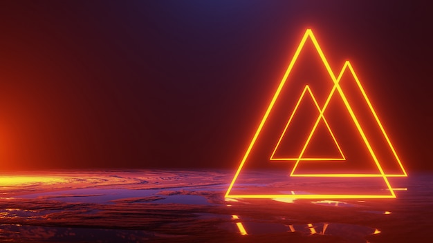 Espacio abstracto, triángulo de luz de neón, render 3d, concepto de universo, render 3d