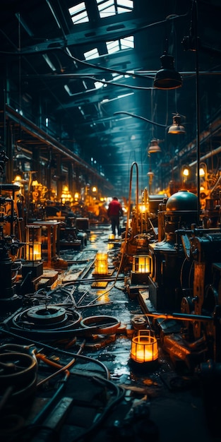 Un espacio amplio en la planta industrial ocupado por diversos detalles y máquinas Un hombre con una chaqueta roja está en el fondo de la IA generativa