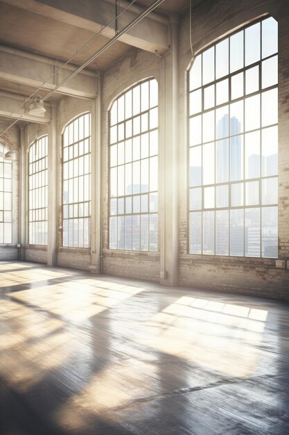 Un espacio de ático urbano vacío con grandes ventanas y abundante luz natural perfecto para la fotografía de productos Ilustración generada por IA