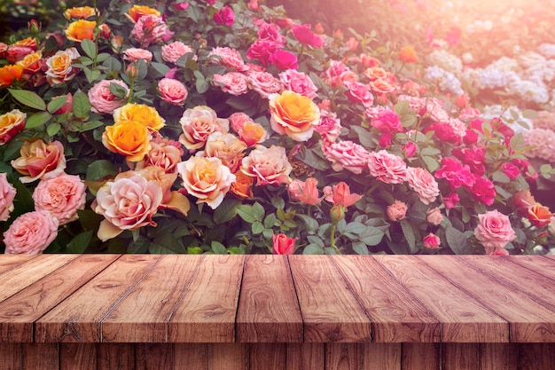 Espacio en blanco de la mesa de madera en el jardín de rosas