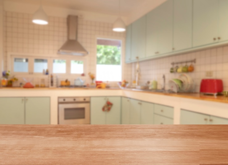 Foto espacio en blanco de la mesa superior de madera en el fondo de la cocina