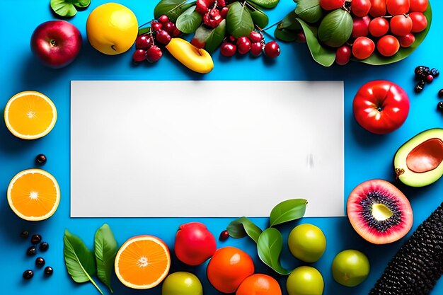 Foto espacio en blanco para texto con frutas que rodean el fondo de color