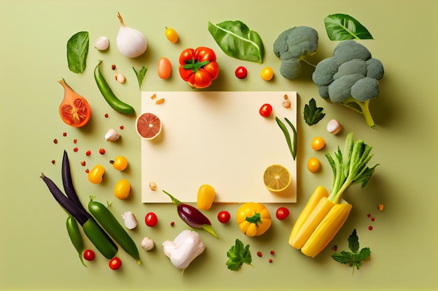 Espacio en blanco para texto con verduras alrededor.