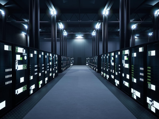 Espacio del centro de datos con múltiples filas de racks de servidores, tecnología de supercomputadora digital. Moderna base de datos de comunicaciones de red de alta tecnología, gabinetes llenos de almacenamiento del sistema.