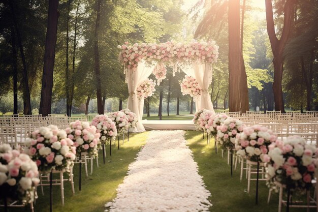 El espacio de la ceremonia de bodas decorado con un dosel de flores colgantes