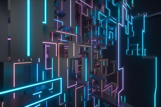 Espacio cibernético colorido con líneas cruzadas brillantes representación 3d