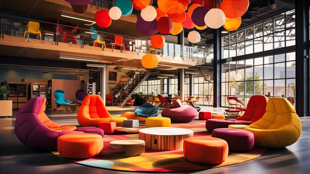 Espacio de colaboración modular paredes móviles y bolsas de frijoles coloridas