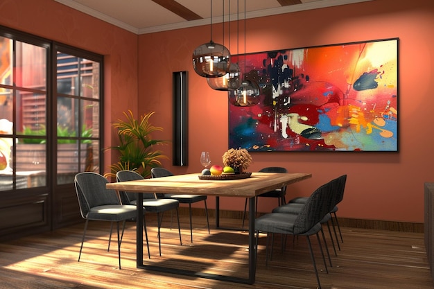 Espacio de comedor contemporáneo con obras de arte abstractas y