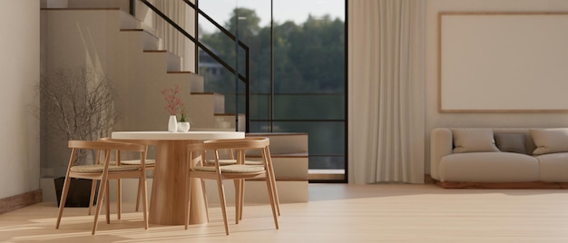 Espacio de comedor escandinavo mínimo en un espacioso diseño interior de sala de estar con mesa de comedor