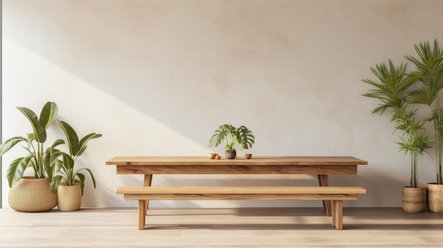 Espacio de comedor minimalista y ecológico con mesa de madera hecha a mano