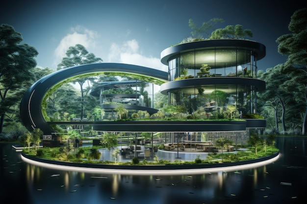 Espacio comercial que mezcla arquitectura moderna con características ecológicas IA generativa