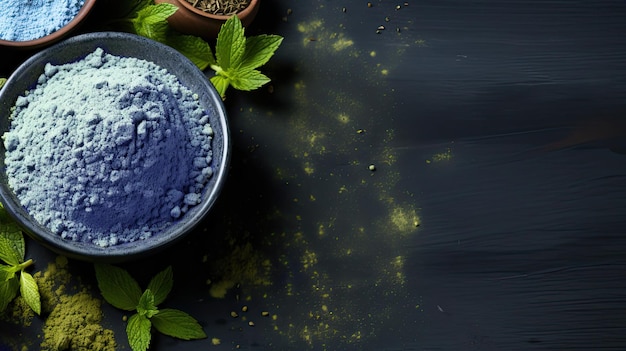 Espacio de copia de fondo de plantilla con polvo de matcha azul