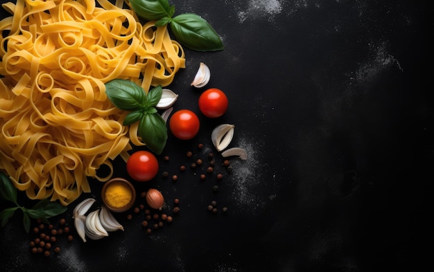 Espacio de copia de fondo de la publicidad de alimentos con pasta cruda e ingredientes