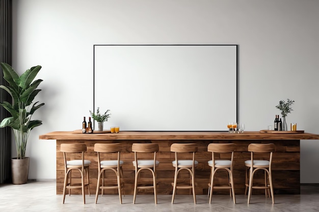 un espacio de copia en el interior de la mesa del mostrador de la barra con un cartel blanco en blanco en la pared blanca