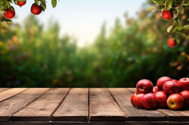 Espacio de copia de mesa de tablas de madera viejas y rústicas vacías con manzana