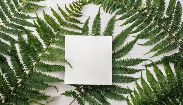 Foto espacio de copia plana papel blanco rodeado de ramas de helecho