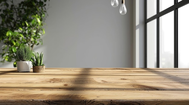 Espacio de copia vacío en una mesa de madera moderna en el interior de la habitación de casa para la maqueta de exhibición de productos