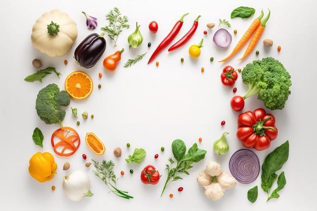 Espacio de copia y una vista superior de verduras de colores brillantes sobre un fondo blanco