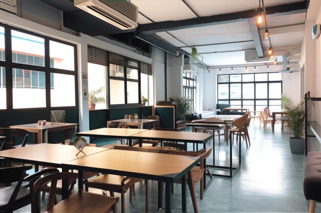 Espacio de coworking en entorno urbano rodeado de cafeterías y restaurantes creado con ai generativa