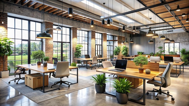 un espacio de coworking moderno y funcional con muebles y tecnología ergonómica