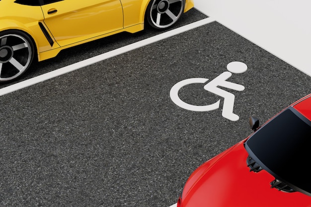 Espacio de estacionamiento para personas discapacitadas ícono de estacionamiento para discapacitados en el estacionamiento entre otros autos