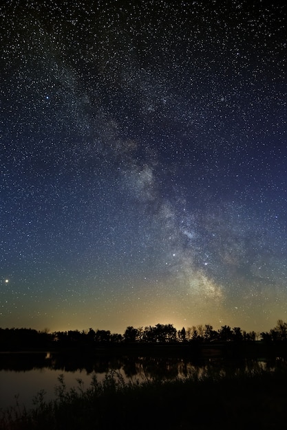 Espacio con estrellas en el cielo nocturno. El paisaje con el río y los árboles está fotografiado en una larga exposición.