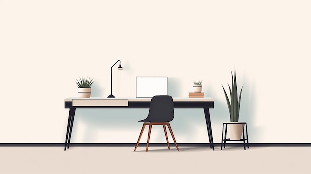 Espacio de estudio minimalista elemento limpio y simple con mesa negra.