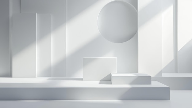 Espacio de estudio minimalista moderno con formas geométricas y iluminación natural suave durante la tarde
