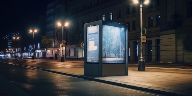 Espacio de exhibición de maqueta de cartelera publicitaria en la parada de autobús en la noche de la calle de la ciudad