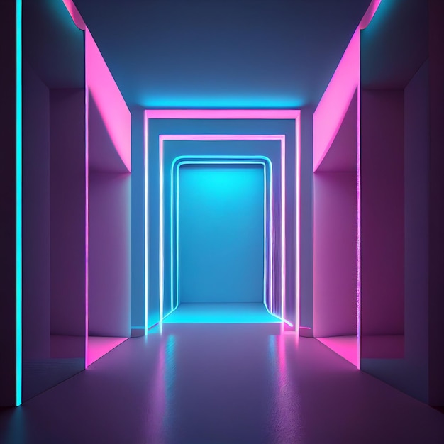 espacio para exhibición de productos en el pasillo con luz LED de colores, generada por Ai.