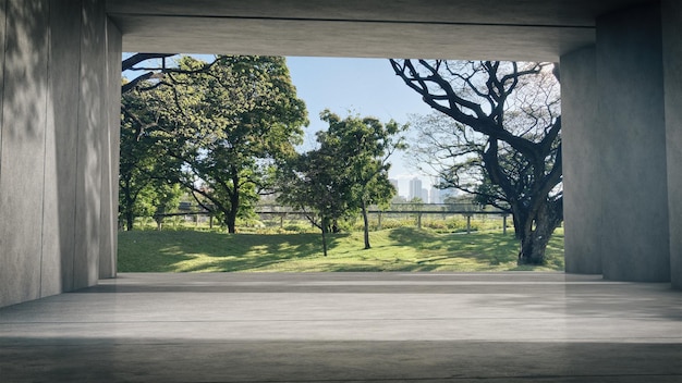 Espacio para exhibiciones de productos en el pasillo de hormigón con el parque background3D rendering