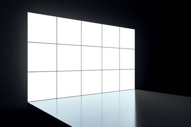 Espacio de exposición moderno con pared de pantalla digital Rendering en 3D
